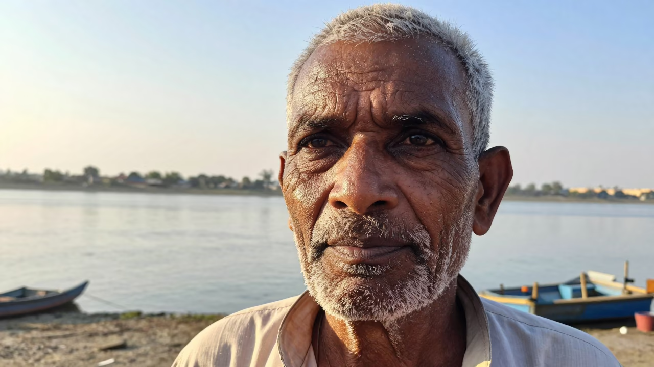 Salt-Crusted Portrait of Patiala Dried Fish Merchant in near a riverside landing in Patiala