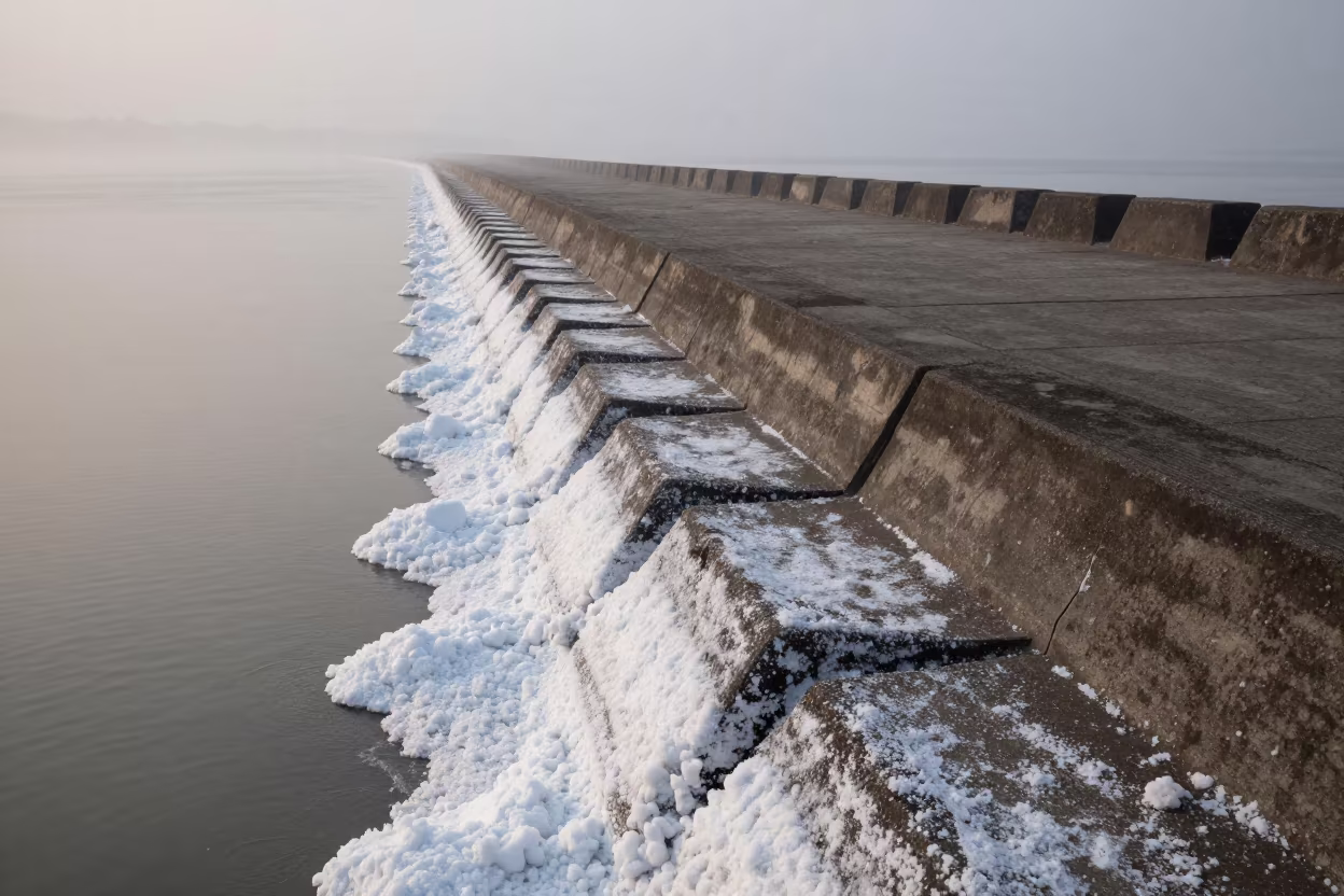 Salt Crusted Sea Wall Before Dawn in Mumbai in along a levee path above floodwater in Mumbai