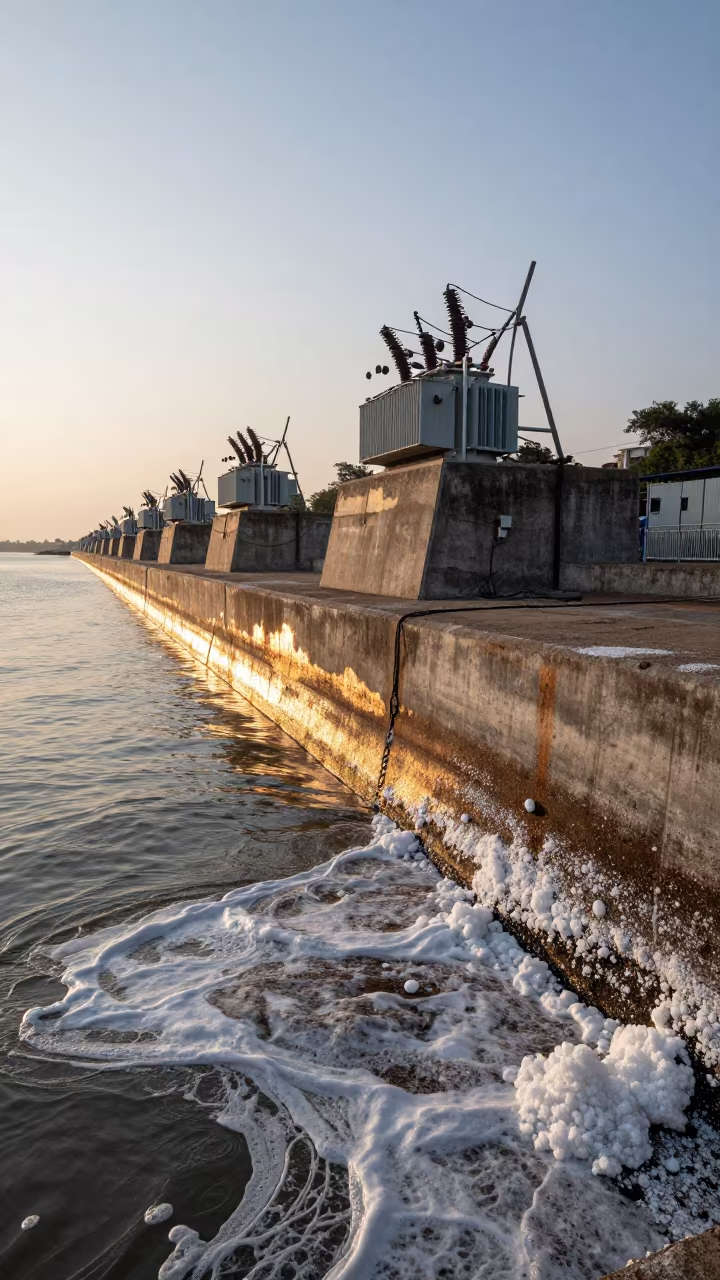 Salt Crusted Sea Wall in Copper Dusk Light in beside a storm surge barrier in Dadar, Mumbai