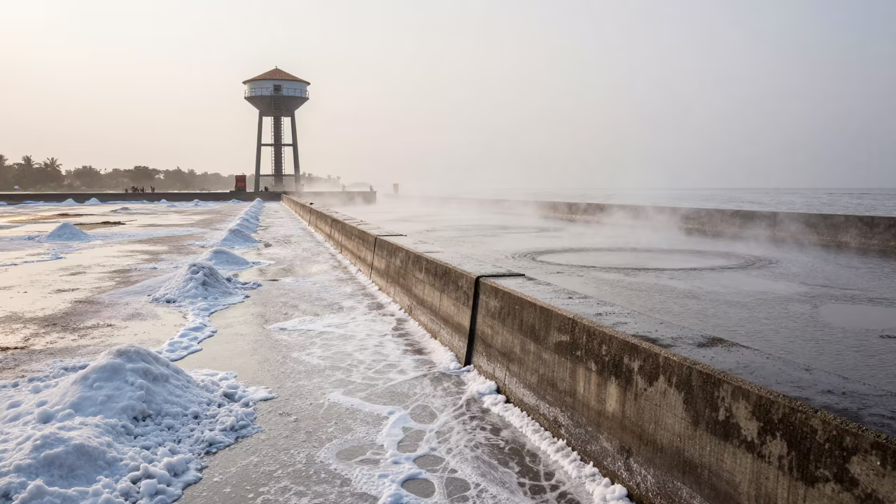 Salt Crusted Sea Wall Parapet in Mumbai Rain in beside a water tower ladder in Mumbai