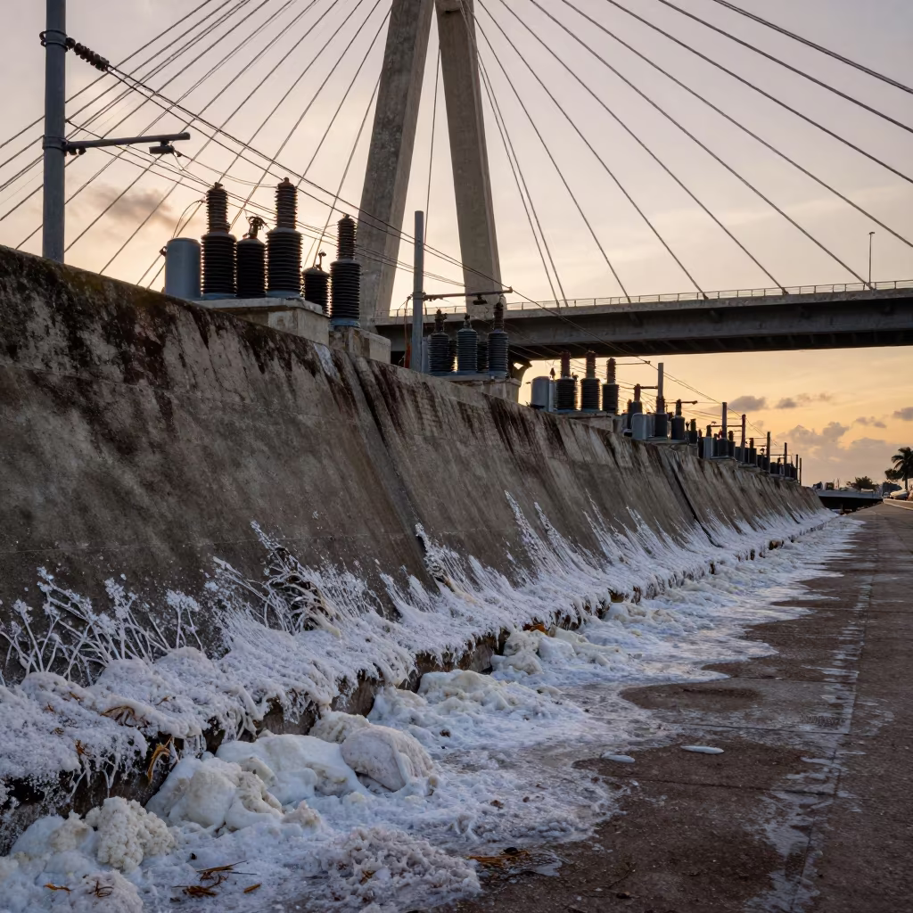 Salt Crusted Sea Wall Under Havana Bridge at Dusk in under a cable-stayed bridge span near Fusterlandia, Havana