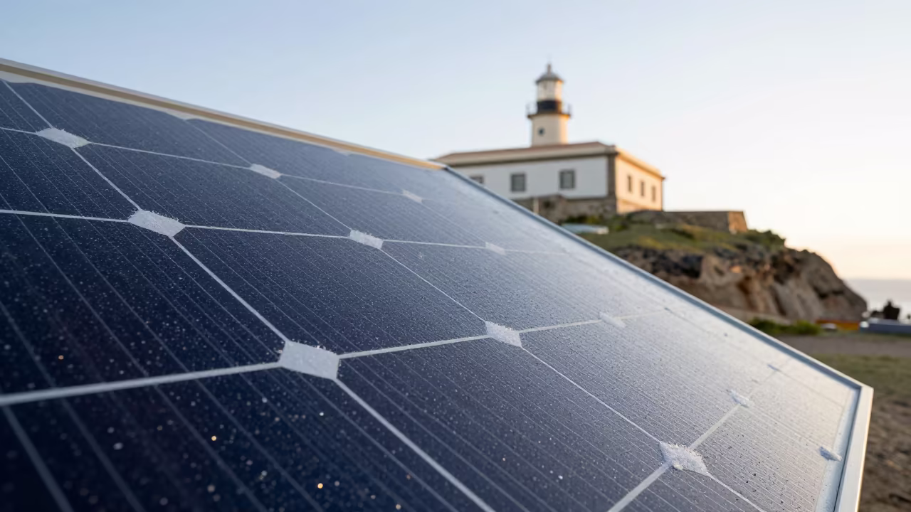 Salt-Crusted Solar Panel Near Salvador Lighthouse in in Salvador