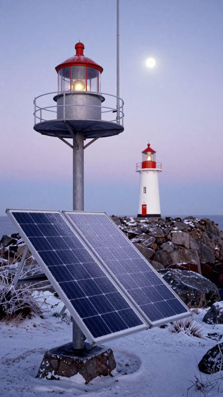 Salt Crusted Solar Panel Winter Dawn Lighthouse in in Brampton