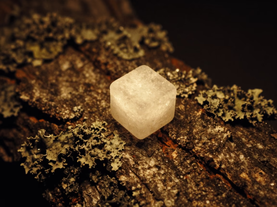 Salt Crystal on Lichen Bark Midnight Glow in on lichen-covered bark in Espoo