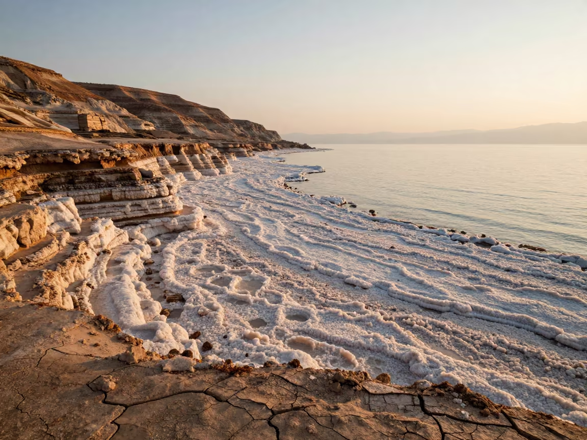 Salt Crystals on Dead Sea Shore at Golden Hour in from a ridge above layered foothills near Haifa
