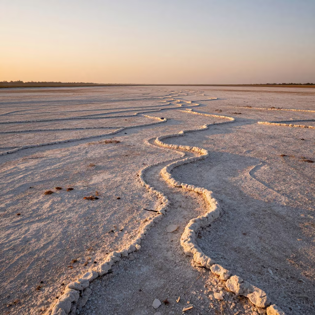 Salt Crystals Fractal Network Dry Lake Shore in across a wide valley floor in Florida