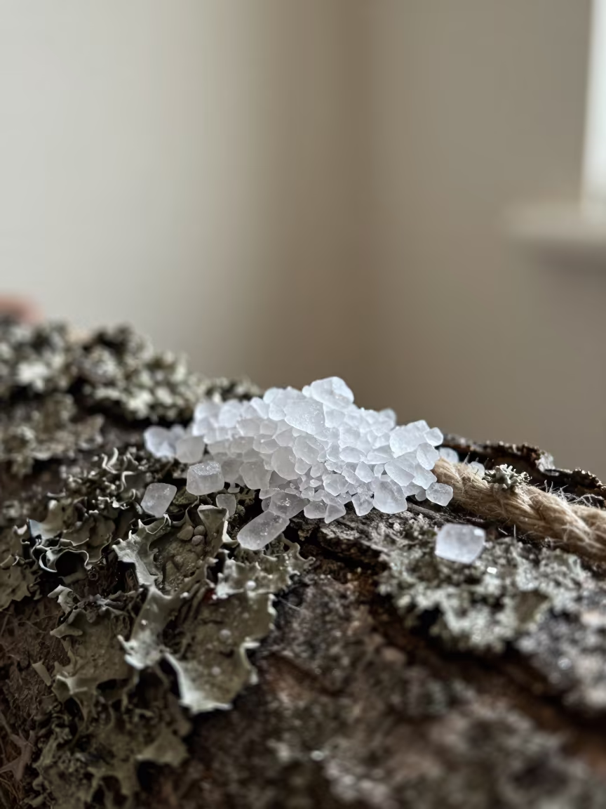 Salt Crystals on Lichen Bark Macro Shot in on lichen-covered bark in Ambato