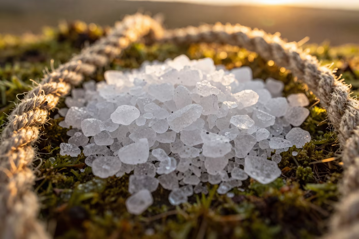 Salt Crystals on Rope in Golden Light in on dew-soaked moss in Arequipa