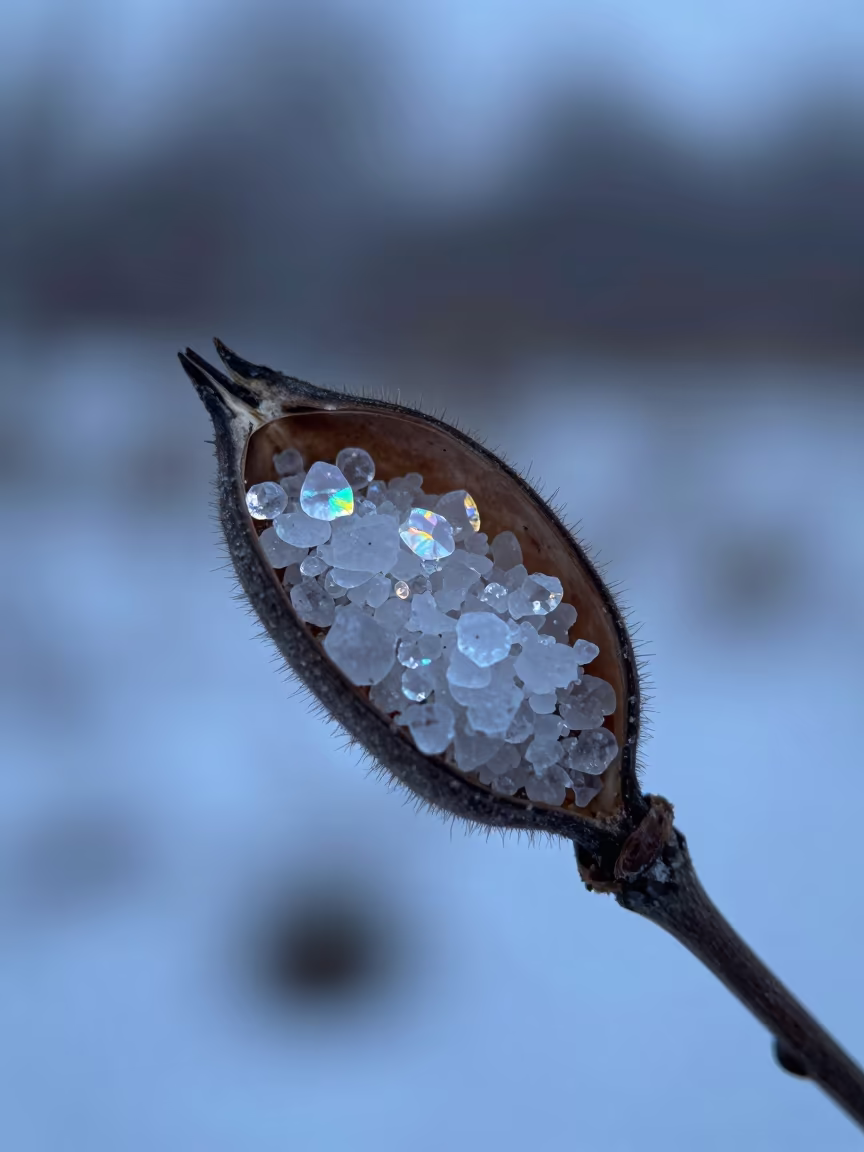 Salt Crystals on Rope in Winter Seed Pod in inside a seed pod split open near Chelyabinsk