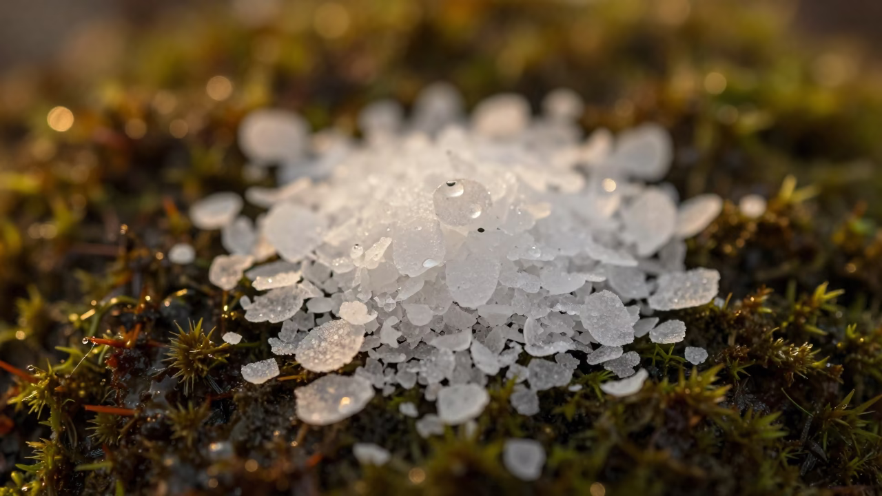 Salt Crystals on Wet Moss in Golden Light in on dew-soaked moss in Siguiri