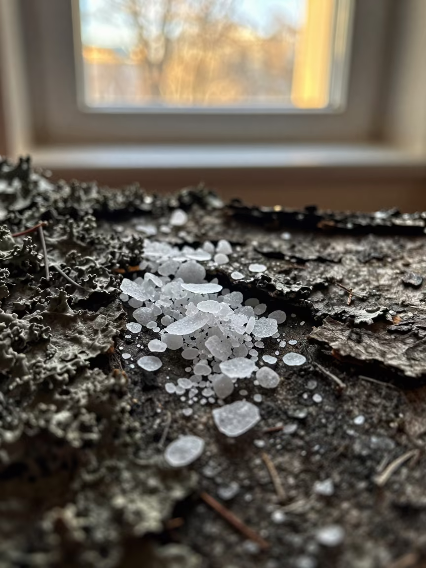Salt Flakes on Lichen Bark Macro in on lichen-covered bark in St Petersburg