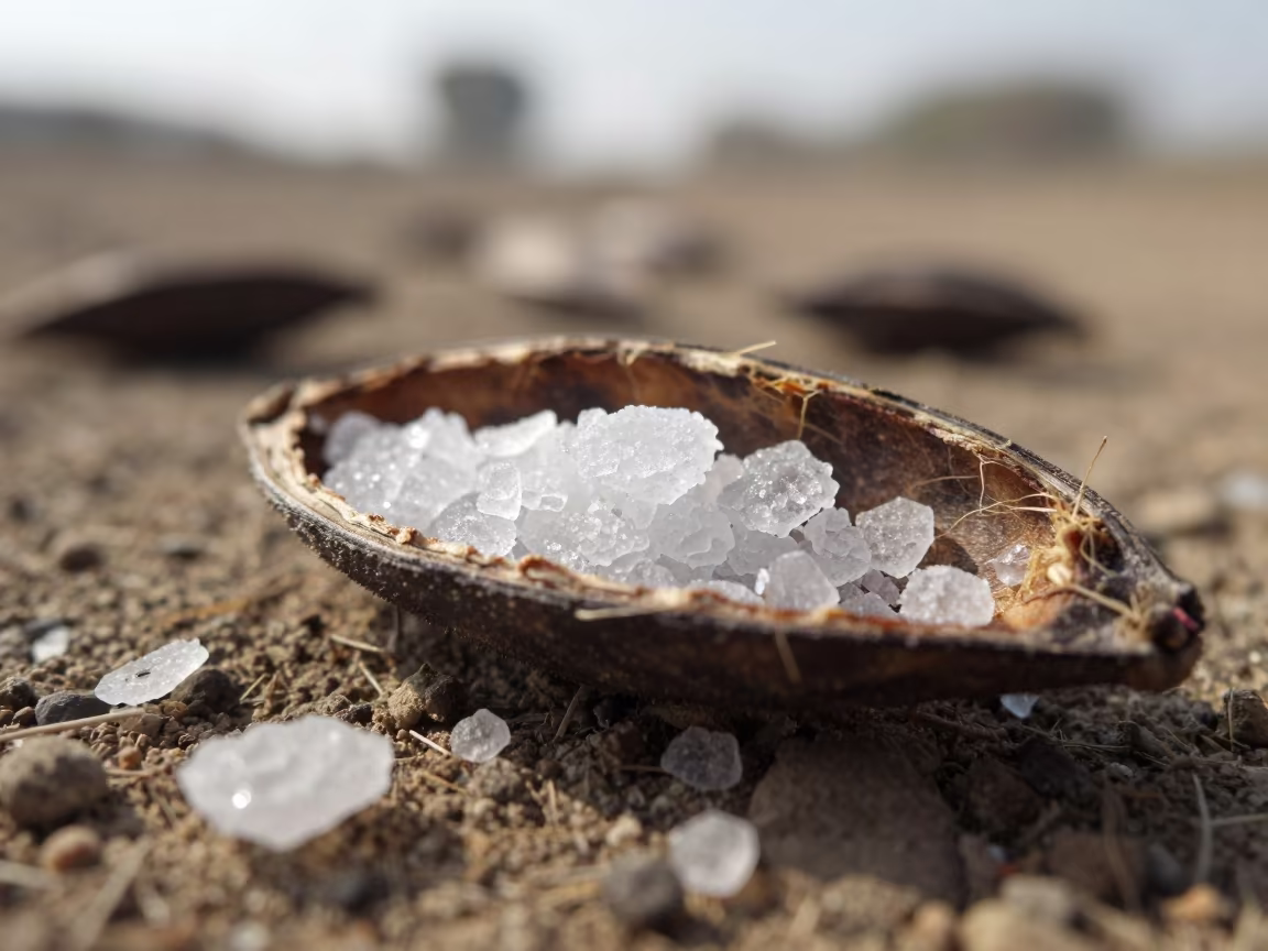 Salt Flakes Macro View Inside Split Seed Pod in inside a seed pod split open near Bahawalpur