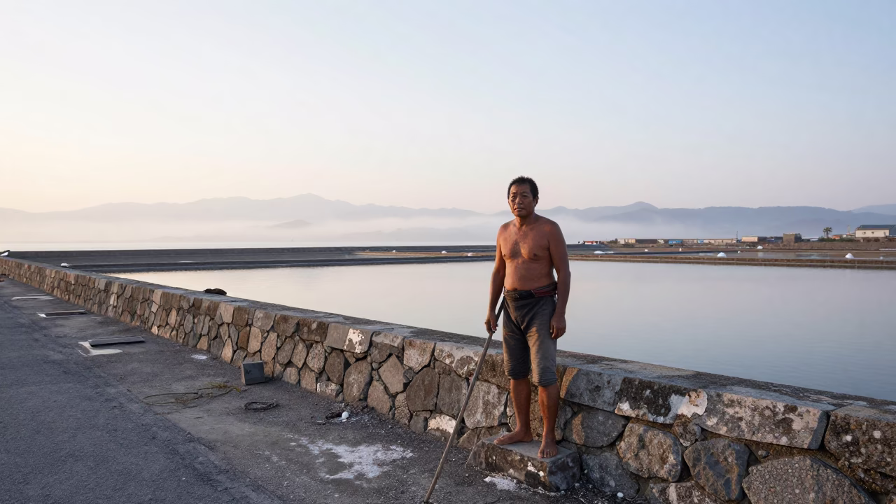Salt Flat Harvester at Kagoshima Dawn in beside a harbor wall near Kagoshima