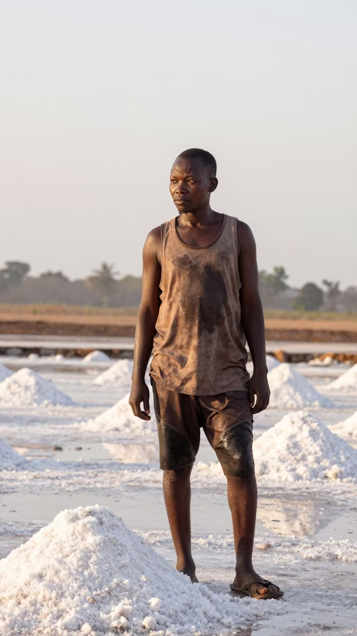 Salt Flat Harvester Portrait in Dawn Light in along a windswept rooftop near Bujumbura