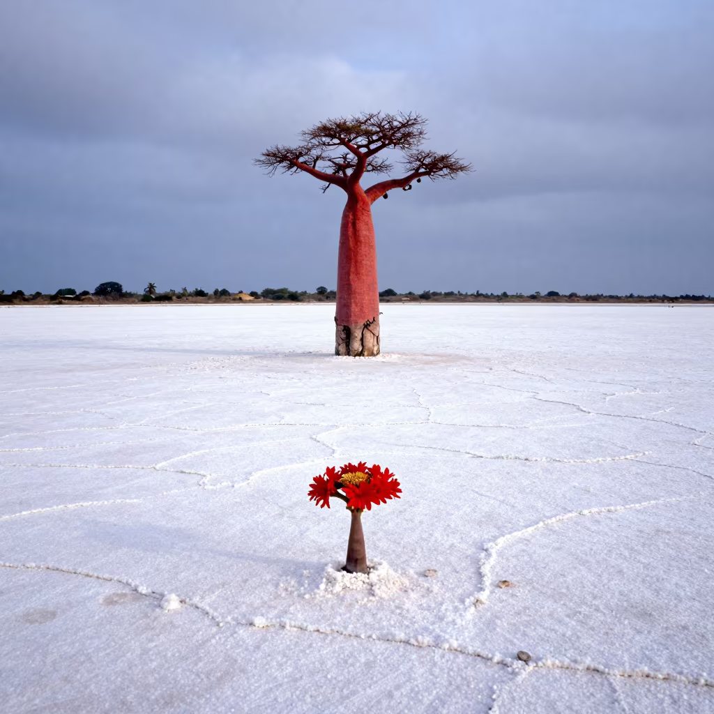 Salt Flat Mirror with Giant Flower in Angola in across a floodplain after rain near Bailundo