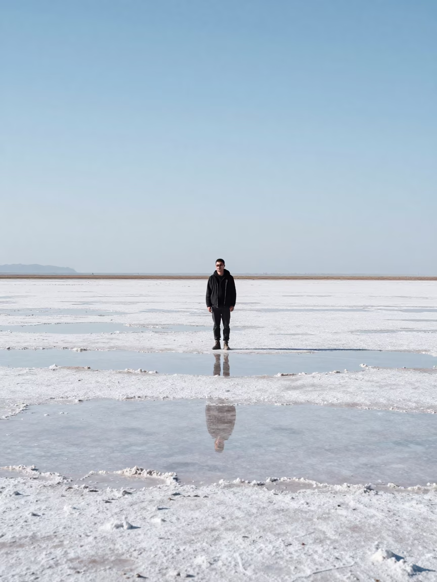 Salt Flats Figure Noon Reflections Xinjiang in across a floodplain after rain in Xinjiang
