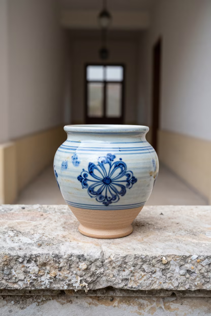 Salt Glazed Stoneware Crock on Oradea Stone Ledge in on a stone ledge in Oradea
