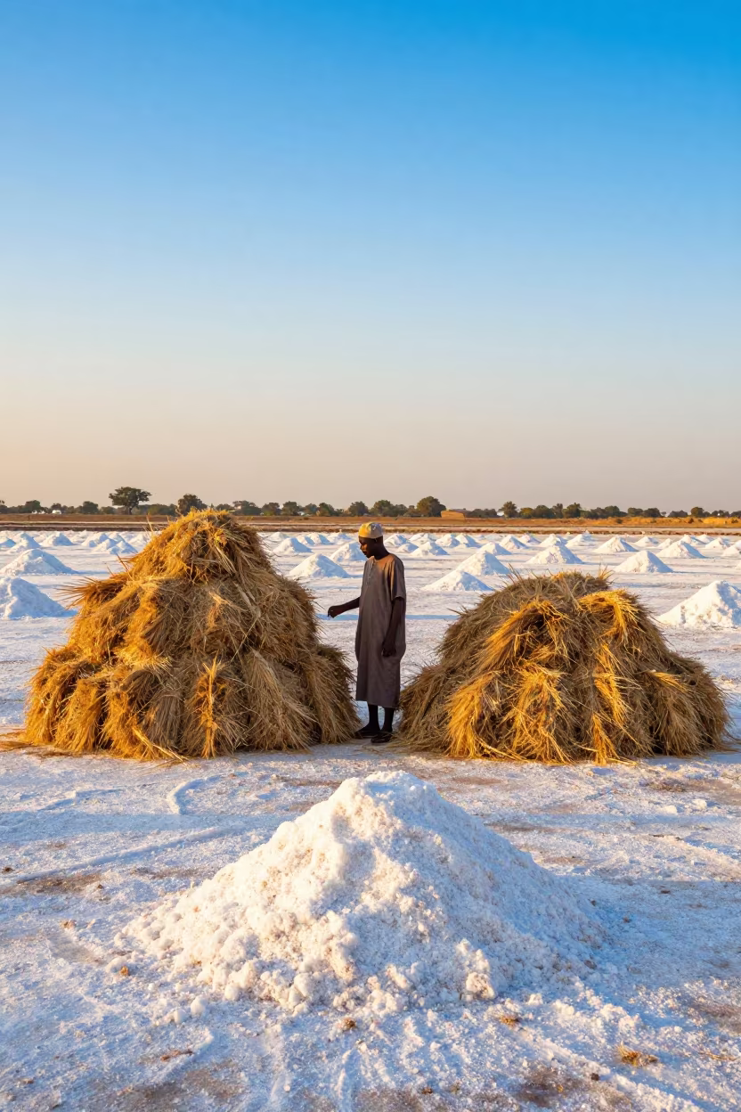 Salt Harvester Beside Hay Bales in Kaduna in beside stacked hay bales in Kaduna