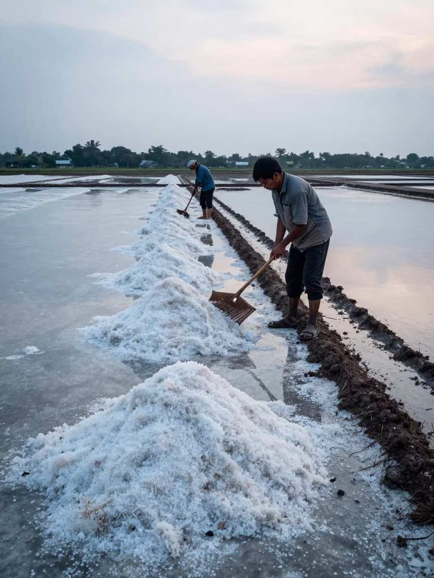 Salt Harvester Raking Crystals Before Sunrise in beside a tractor track through dark soil near Kuala Lumpur