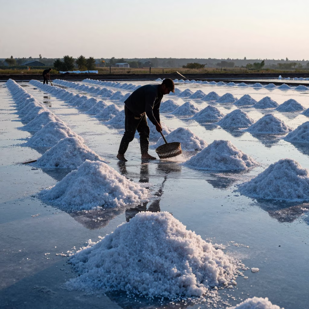 Salt Harvester Raking Crystals at Dawn in along freshly irrigated rows near Kutaisi