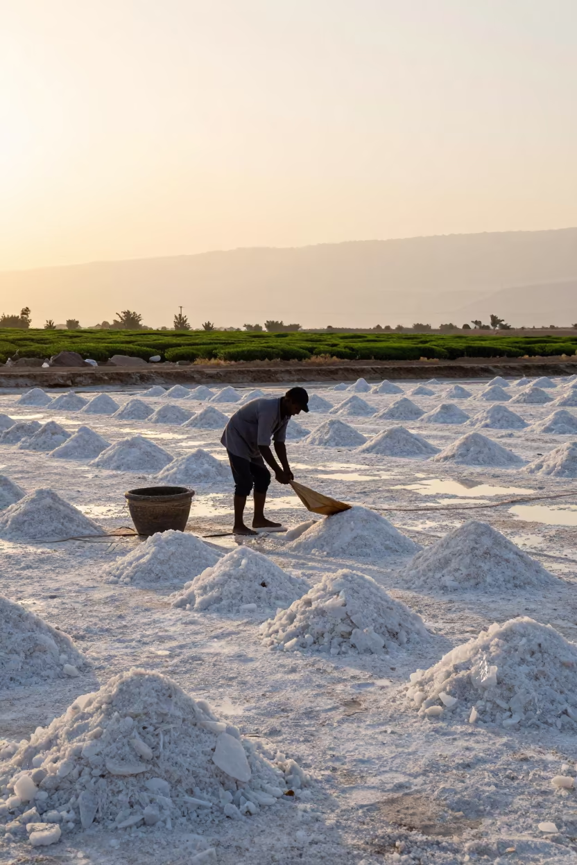 Salt Harvester Raking Crystals at Dead Sea in at the edge of a tea plantation in the Dead Sea