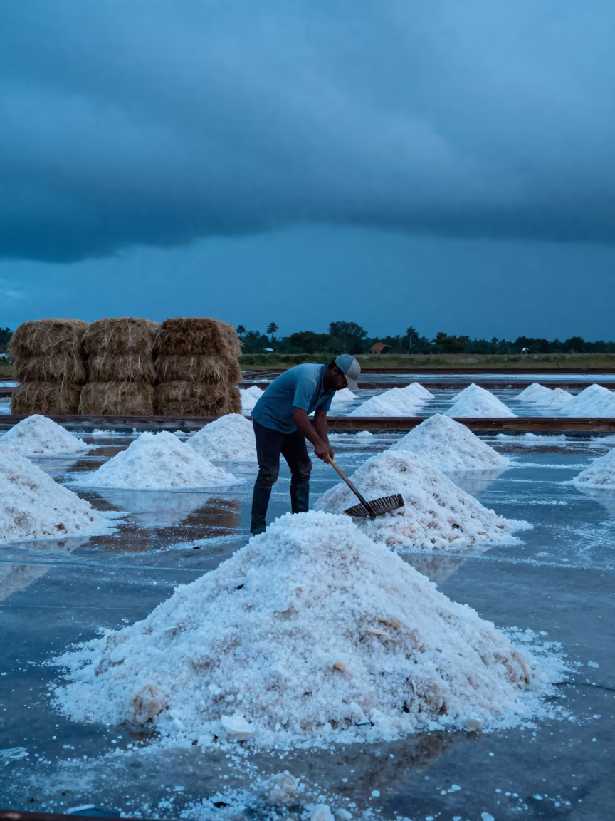 Salt Harvester Raking Crystals by Hay Bales in beside stacked hay bales in the Great Barrier Reef