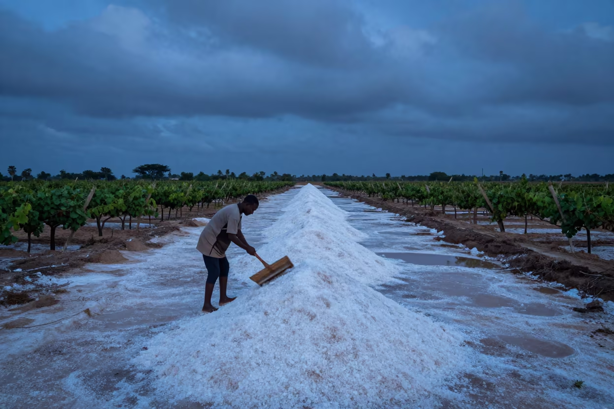 Salt Harvester Raking Crystals in Somalian Vineyard in between vineyard trellises in Somalia
