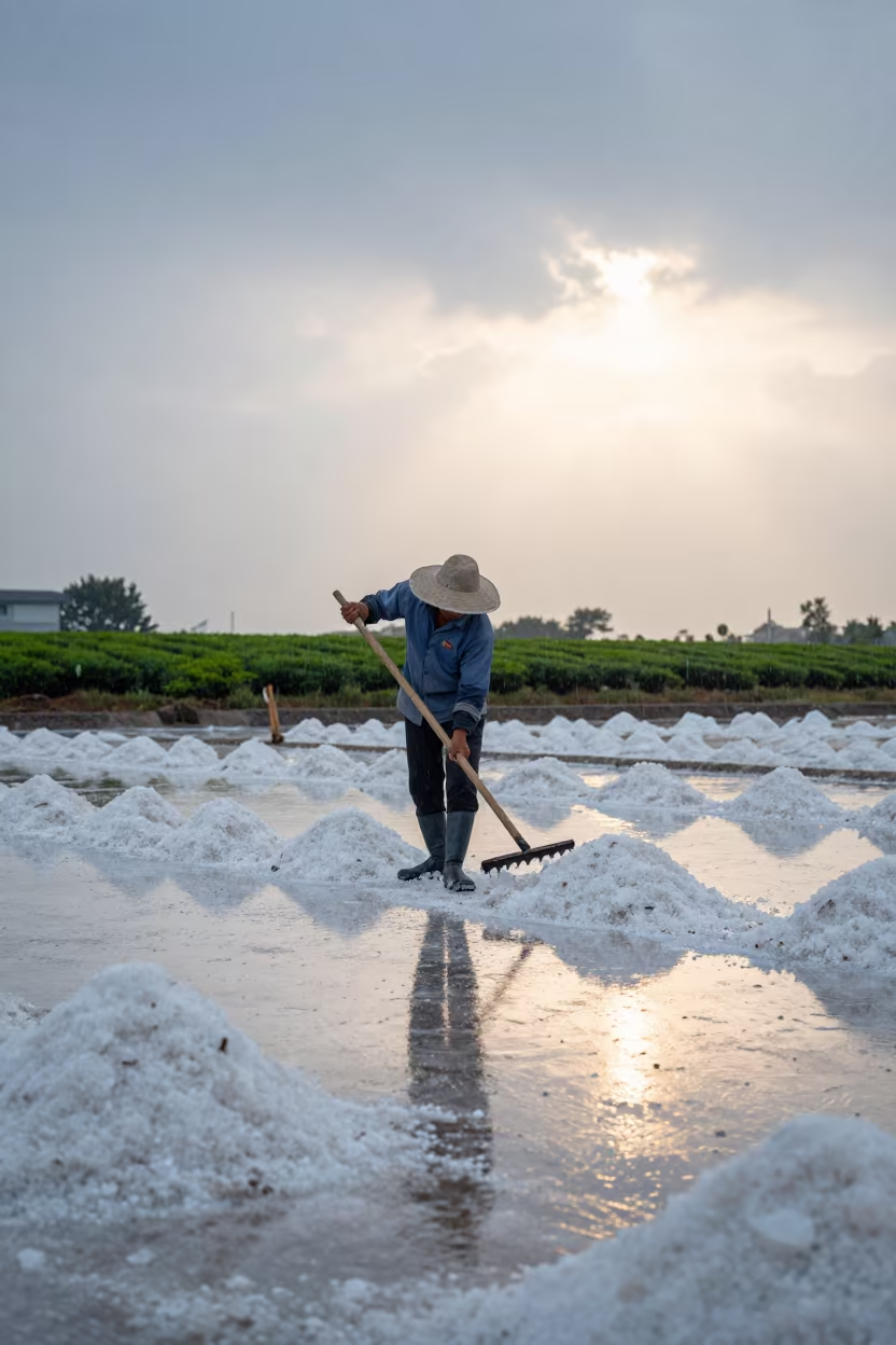 Salt Harvester Raking Crystals at Sunset in at the edge of a tea plantation in Carrefour