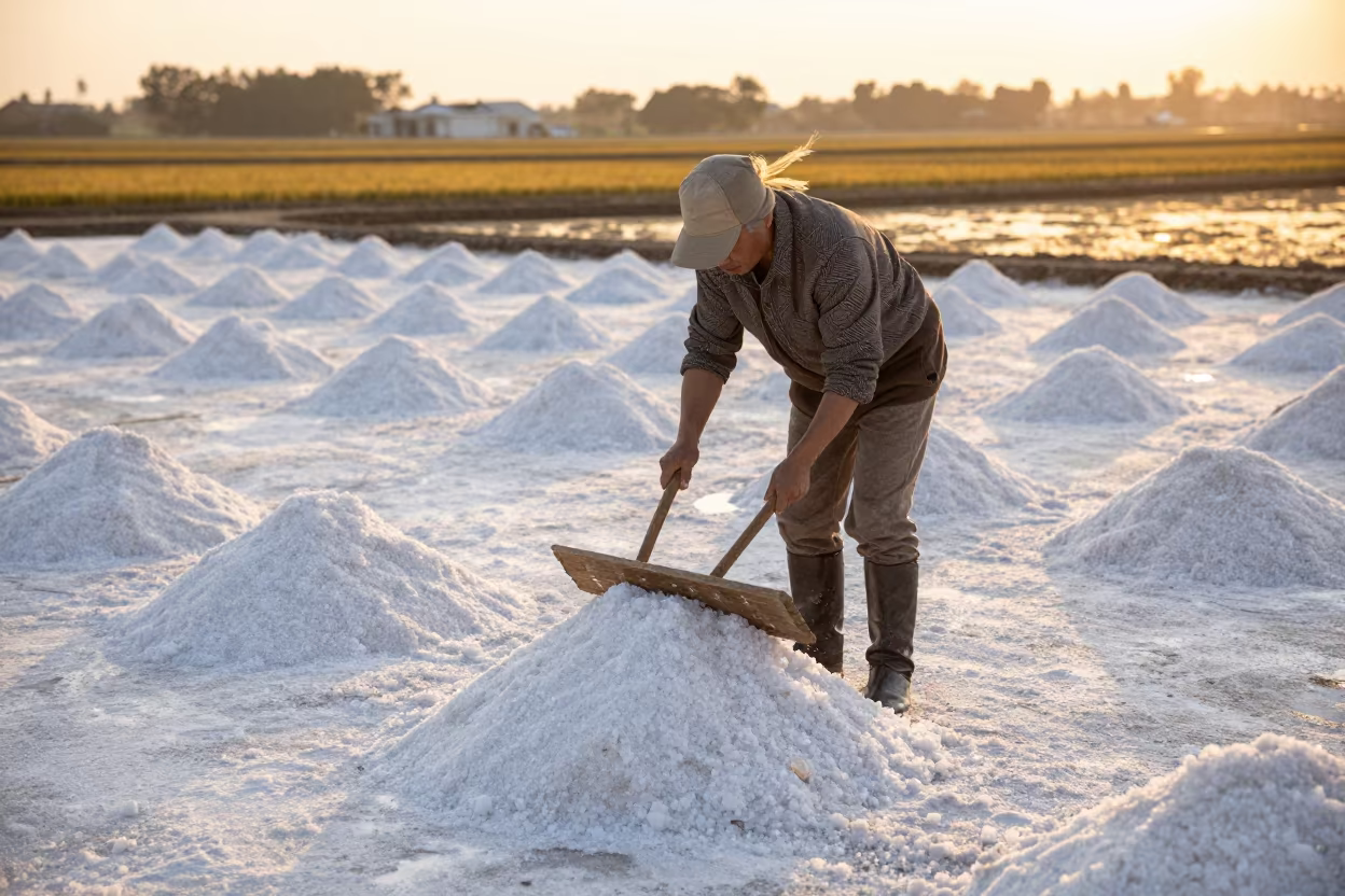 Salt Harvester Raking Crystals on Terraced Flats in among terraced rice paddies near Colón
