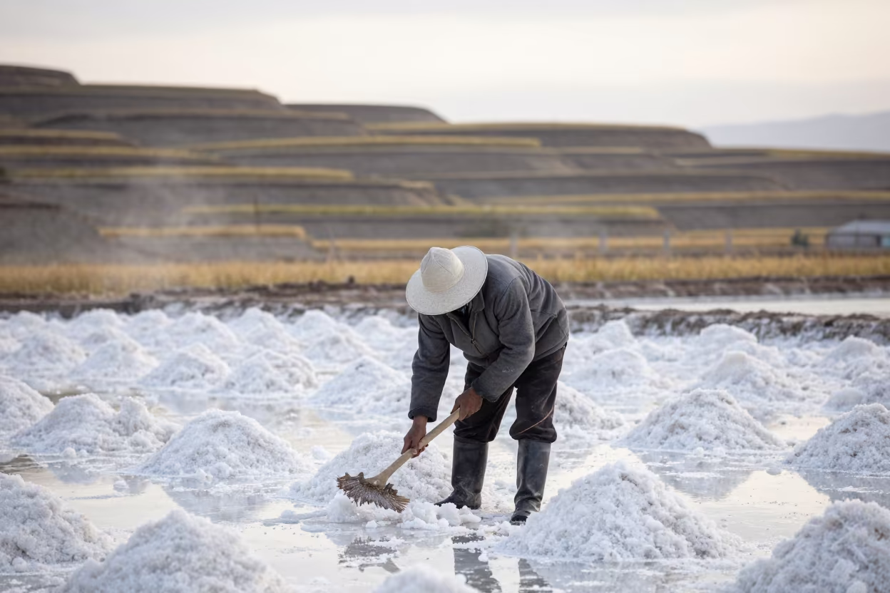 Salt Harvester Raking Crystals in Terraced Kyrgyzstan Paddies in among terraced rice paddies in Kyrgyzstan