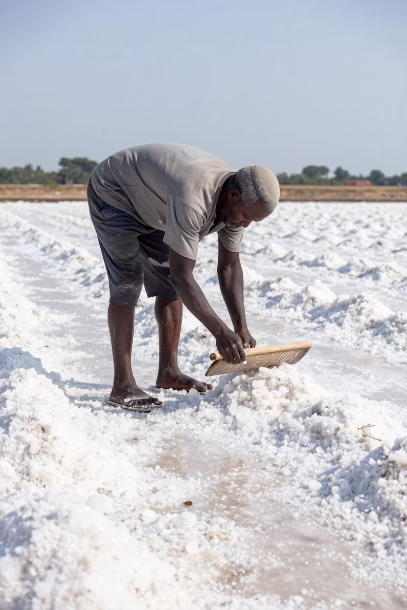 Salt Harvester Raking Crystals on White Flats in along freshly irrigated rows near Kumasi