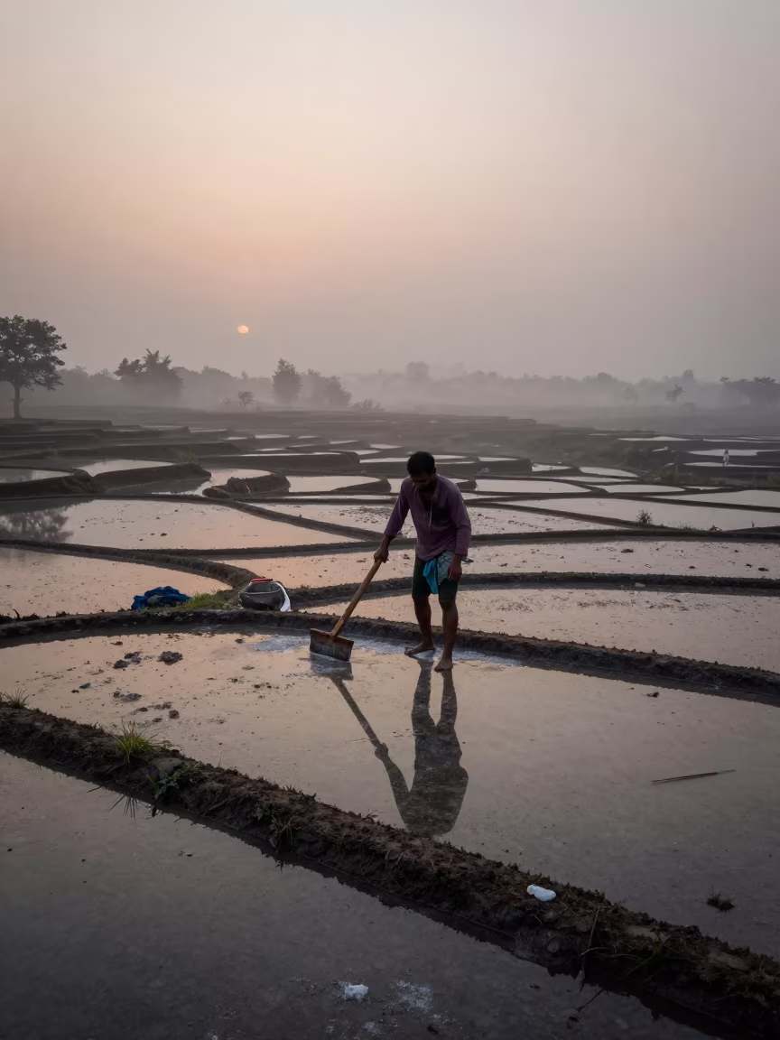 Salt Harvester on Terraced Paddies at Twilight in among terraced rice paddies in Delhi