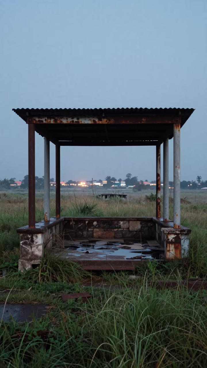 Salt Haze Decay on Ruined Platform Canopy in through a courtyard reclaimed by grasses in Equatorial Guinea