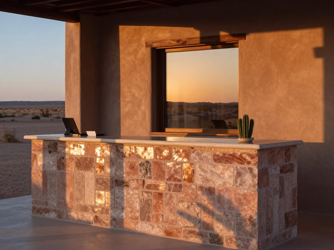 Salt Hotel Reception Desk at Sunset in at a reception desk under warm light near Turmero