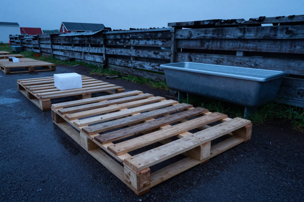 Salt Lick Pallet in Newfoundland Twilight Drizzle in near a windbreak and water trough in Newfoundland