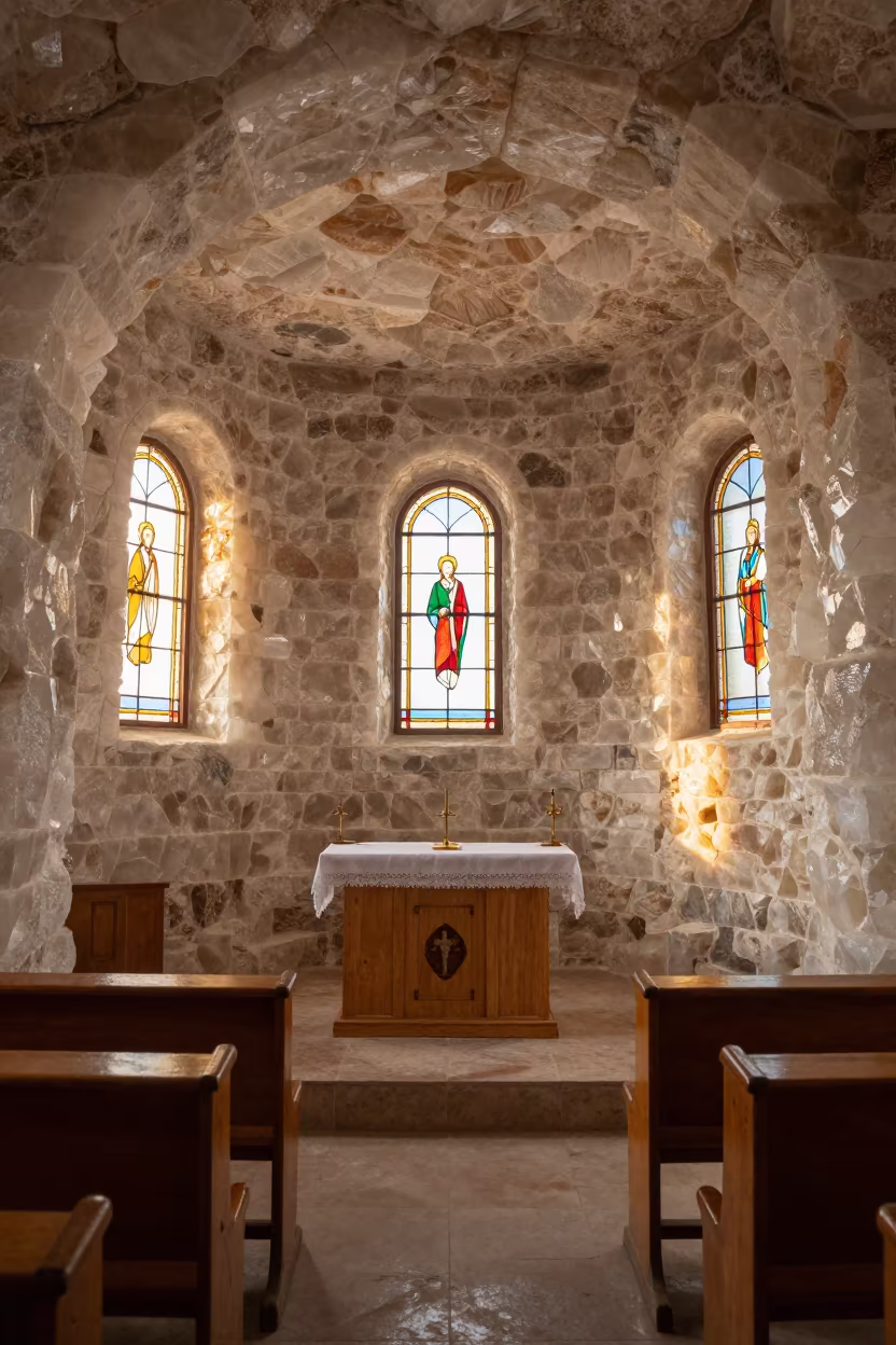 Salt Mine Cathedral Chapel Golden Light in in a chapel lit by stained glass in Aktobe