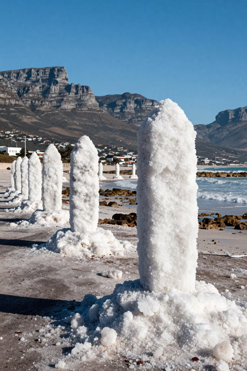 Salt Pillars on Wave-Cut Shore Under Noon Sun in along a wave-cut shoreline near Cape Town