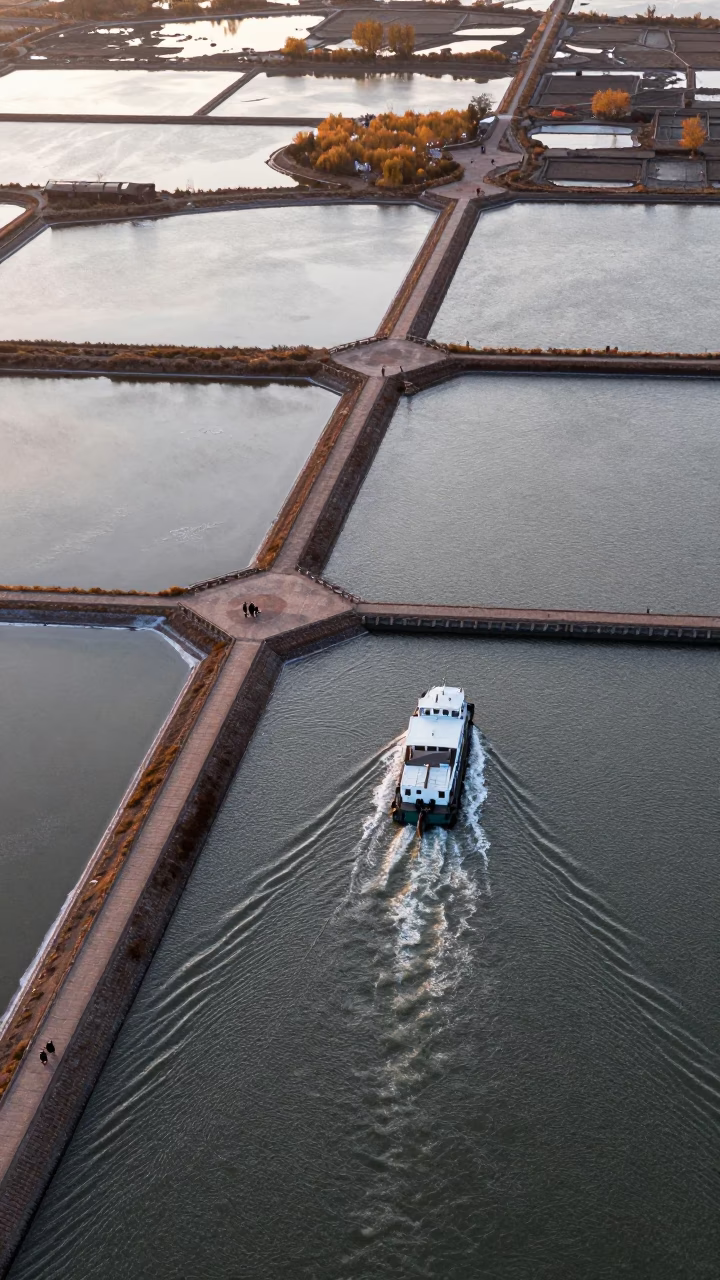 Salt Ponds Dawn Aerial Barge Wakes Yunnan in high over salt ponds and causeways in Yunnan