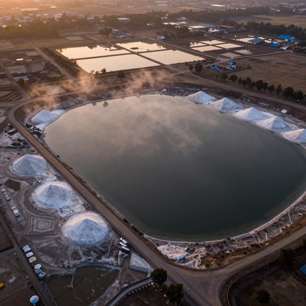Salt Ponds and Maar Lake in Copper Light in high over salt ponds and causeways near Boudhanath, Kathmandu