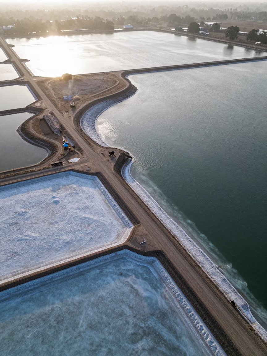 Salt Ponds and Waves Near Pushkar in high over salt ponds and causeways near Pushkar