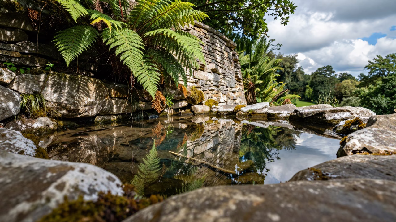 Salt Spray Cliff Spring Ferns Stone Reflection in along a salt-sprayed cliff edge in the Cotswolds