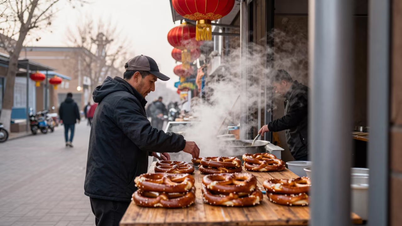 Salted Pretzels at Urumqi Christmas Market in in a covered bazaar aisle in Urumqi