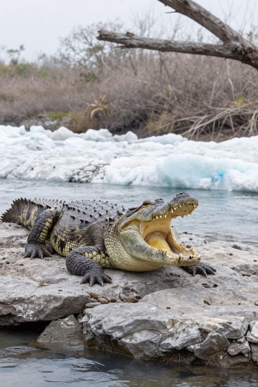 Saltwater Crocodile Basking Near Havana Stream in above a glacial stream near Havana