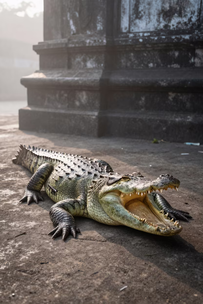 Saltwater Crocodile Basking in Jakarta Sunrise Fog in near Kota Tua, Jakarta