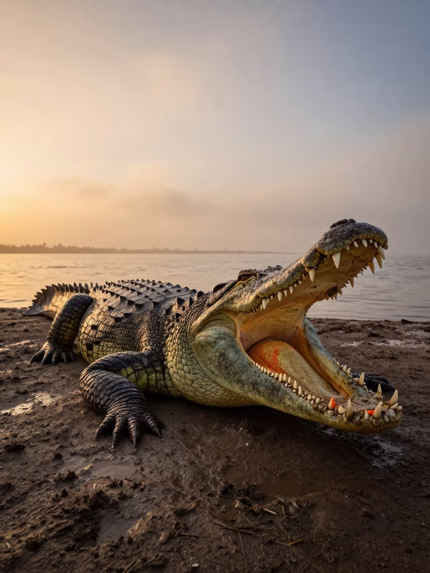 Saltwater Crocodile Basking in Maldives Golden Hour in in Maldives