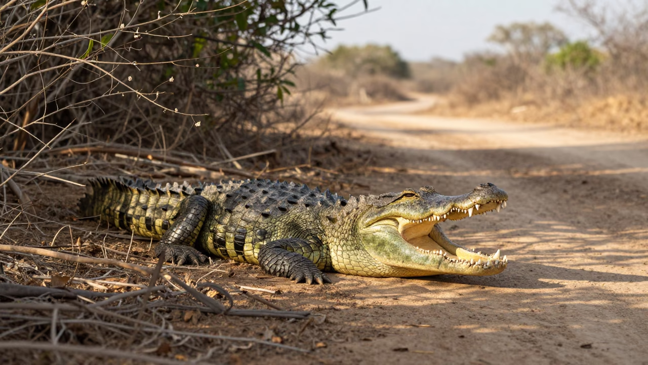 Saltwater Crocodile Basking Mouth Open Dry Season in along a game trail near Maputo