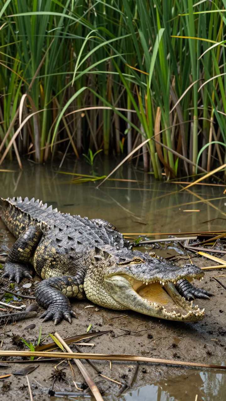 Saltwater Crocodile Basking Mouth Open Near Singapore Reed Bed in at the edge of a reed bed near Geylang, Singapore