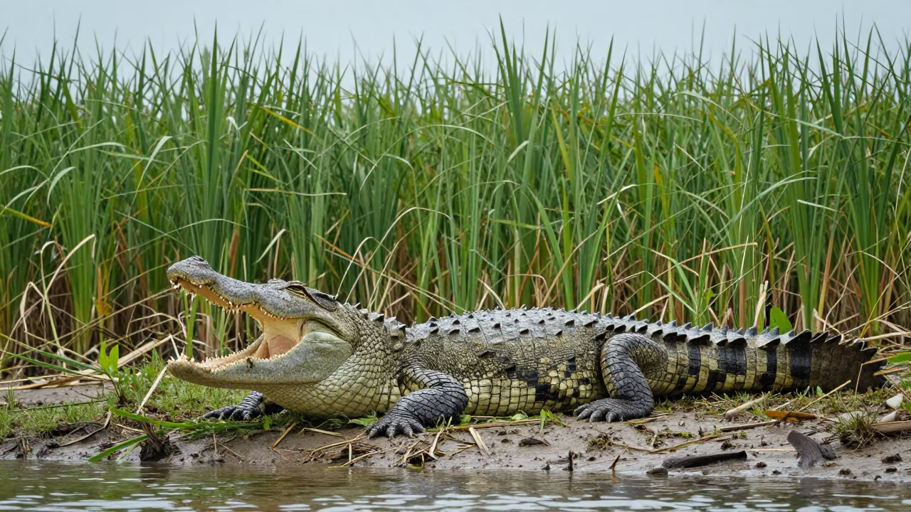 Saltwater Crocodile Basking Reed Bed Jakarta in at the edge of a reed bed near Senopati, Jakarta