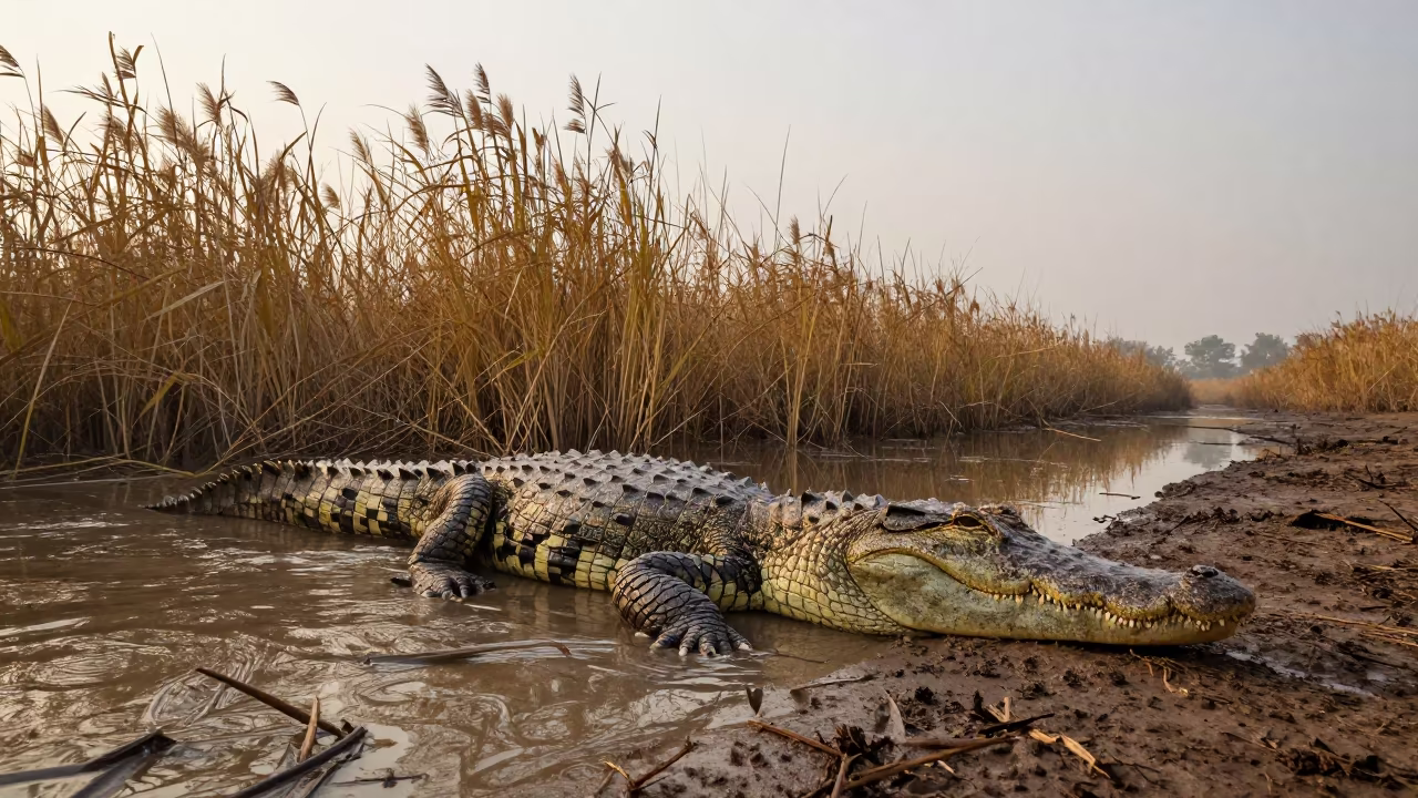 Saltwater Crocodile Dawn Slide in Goa Reed Bed in at the edge of a reed bed in Goa