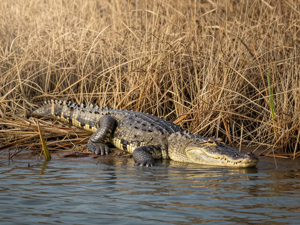 Saltwater Crocodile Entering Kerala Reed Bed in at the edge of a reed bed in Kerala